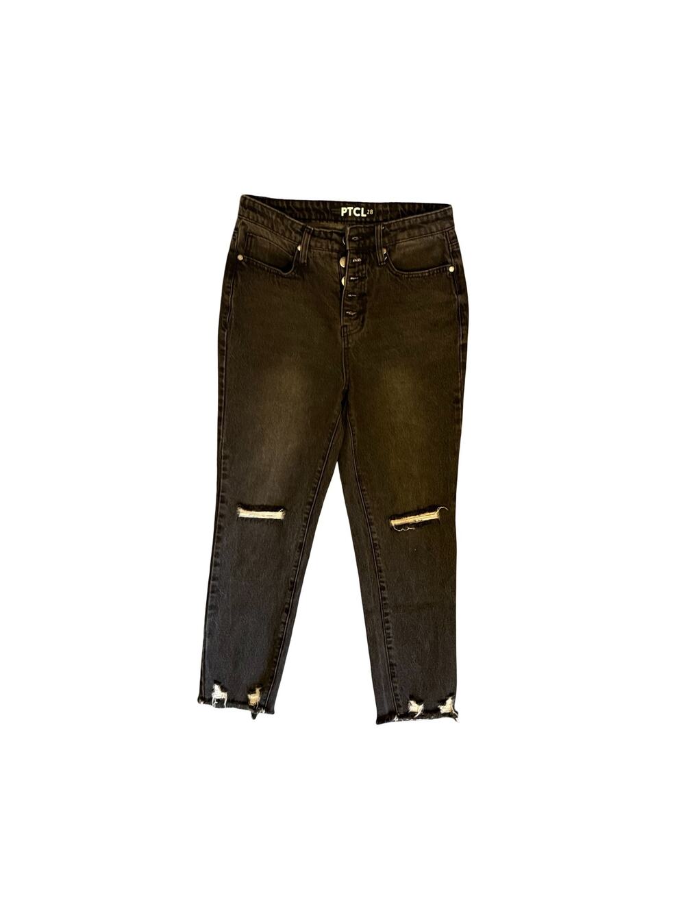 PTCL Jeans Womens 28x26 Black Distressed Button Fly Raw Hem High Rise Mom Jean